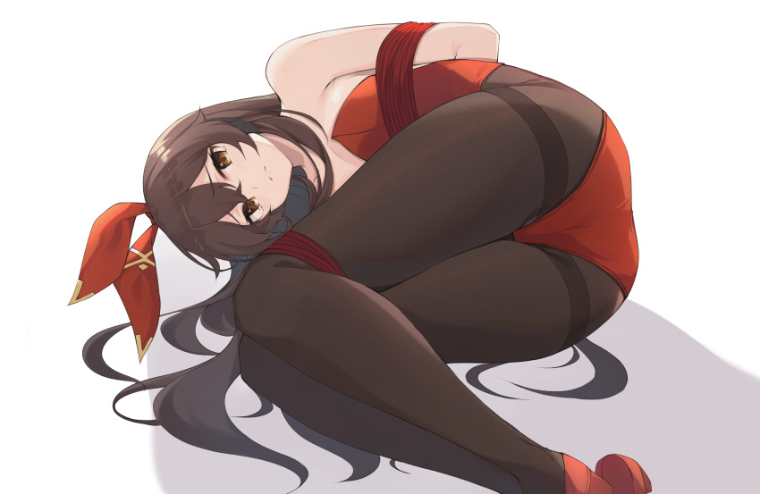 1girl absurdres alternate_costume amber_(genshin_impact) arms_behind_back ass bangs bare_shoulders black_legwear bound breasts brown_hair closed_mouth genshin_impact hair_between_eyes hair_ribbon highres legs_together leotard long_hair lying medium_breasts on_side pantyhose playboy_bunny red_footwear red_ribbon ribbon sidelocks simple_background solo thighband_pantyhose white_background yellow_eyes z_loader