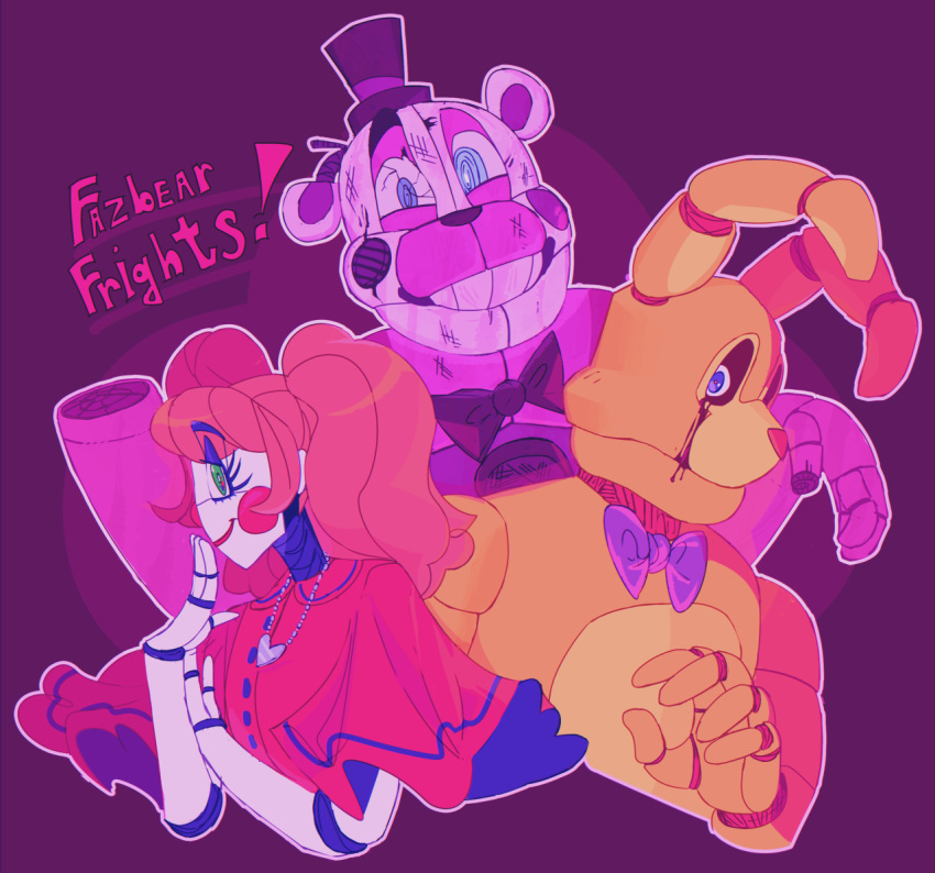 ! 1_hand 2020 animatronic anthro blue_eyes bodily_fluids bow_tie broken broken_ear clothed clothing clown count_the_ways crying eleanor_(fnaf) english_text eyelashes female five_nights_at_freddy's five_nights_at_freddy's:_fazbear_frights funtime_freddy_(fnafsl) green_eyes group hair half-closed_eyes hand_on_face hat headgear headwear humanoid into_the_pit jewelry lagomorph leporid long_ears long_hair looking_at_viewer machine male mammal monavat multicolored_body narrowed_eyes necklace pigtails pink_body portrait purple_background purple_body rabbit red_hair robot round_ears shirt simple_background sister_location smile spring_bonnie_(fnaf) tears teeth text to_be_beautiful top_hat topwear two_tone_body ursid video_games white_body