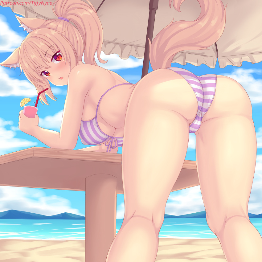 1girl :&lt; animal_ear_fluff animal_ears ass bangs bare_shoulders beach beach_umbrella bent_over bikini blonde_hair breasts brown_eyes cameltoe cat_ears cat_tail cloud cloudy_sky cup drink drinking_glass drinking_straw eyebrows_visible_through_hair food from_behind front-tie_top fruit high_ponytail highres holding holding_drink lemon lemon_slice long_hair looking_at_viewer looking_back medium_breasts nottytiffy ocean open_mouth original ponytail sidelocks sky solo striped striped_bikini swimsuit table tail thighs tiffy_(nottytiffy) umbrella underboob water