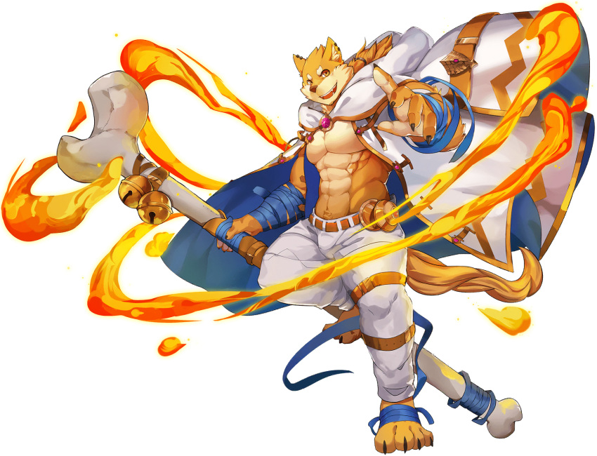 1boy abs animal_ears artist_request bara bare_pecs beige_fur bone bulge cape chang_(gyee) denim dog_boy dog_ears full_body furry gyee highres huge_weapon jeans large_pectorals male_cleavage male_focus muscular muscular_male navel navel_hair official_alternate_costume official_art orange_eyes orange_fur pants short_hair solo stomach thick_thighs thighs two-tone_fur weapon white_cape