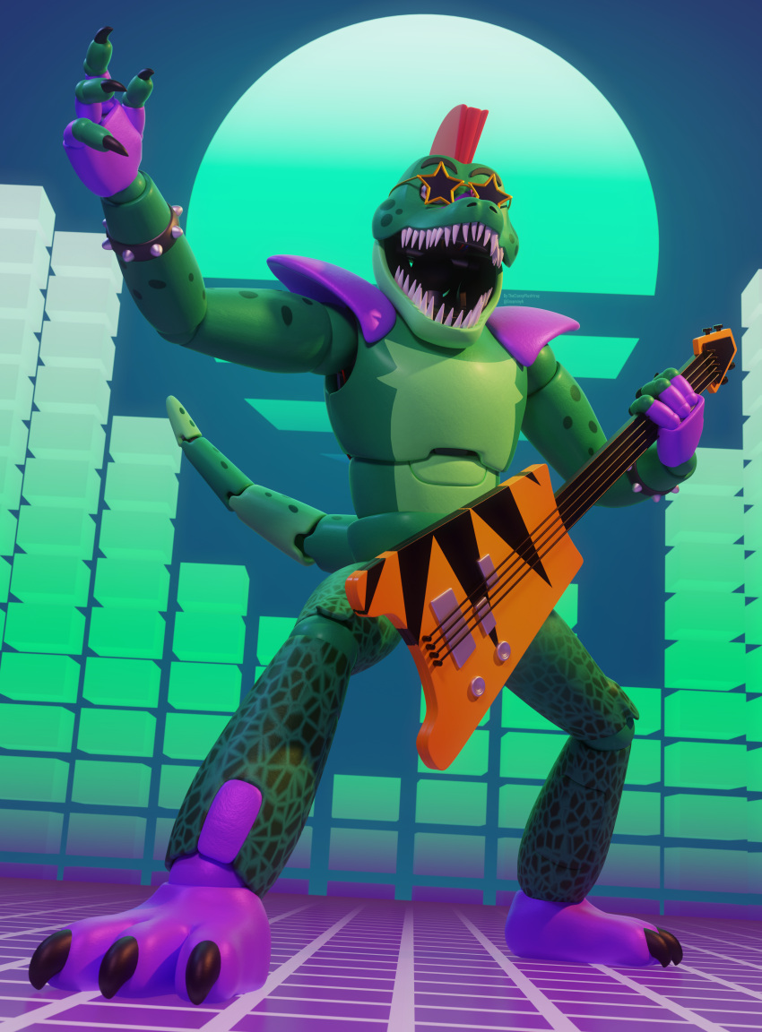 3d_(artwork) abstract_background absurd_res alligator alligatorid animatronic anthro barefoot bottomwear bracelet claws clothed clothing crocodilian detailed digital_media_(artwork) eyewear five_nights_at_freddy's five_nights_at_freddy's:_security_breach glasses gloves green_tail guitar guitarist hair handwear hi_res jewelry machine male mohawk montgomery_gator_(fnaf) multicolored_body multicolored_tail musical_instrument open_mouth pants plucked_string_instrument pose pseudo_clothing raised_arm red_hair reptile robot rockstar scalie sharp_claws sharp_teeth short_hair shoulder_guards simple_background solo spiked_bracelet spikes standing star star_glasses string_instrument teal_background teeth theclassyplushtrap toe_claws two_tone_body two_tone_tail video_games