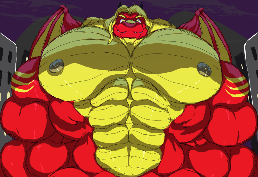 2020 abs anthro big_muscles big_pecs blonde_hair dragon dragonfire_(character) european_mythology fangs grey_nipples hair hi_res horn huge_muscles huge_pecs hyper hyper_muscles looking_at_viewer male muscular muscular_anthro muscular_male mythological_creature mythological_scalie mythology night nipples nude panscolipede pecs scalie sky smile solo teeth town western_dragon wings yellow_eyes