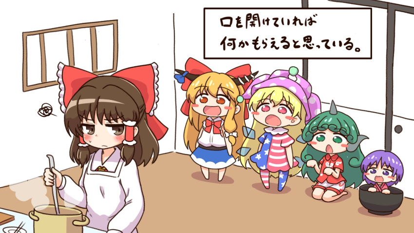 5girls :d :o alternate_costume american_flag_dress apron blonde_hair blue_skirt blush blush_stickers bow bowtie breasts brown_eyes brown_hair chestnut_mouth closed_mouth clownpiece commentary_request cooking fairy_wings full_body green_eyes green_hair hair_bow hair_tubes hakurei_reimu hat highres holding holding_spoon ibuki_suika indoors jester_cap jitome kneeling komano_aun long_hair looking_at_another multiple_girls no_hat no_headwear open_mouth orange_hair paw_pose pink_headwear polka_dot pot purple_eyes purple_hair red_bow red_eyes red_neckwear red_robe red_shirt shirt shitacemayo short_hair short_sleeves shorts skirt sleeveless sleeveless_shirt small_breasts smile spoon squiggle standing star_(symbol) star_print sukuna_shinmyoumaru sweat touhou translation_request upper_body v-shaped_eyebrows very_long_hair wall white_apron white_shirt white_shorts window wings