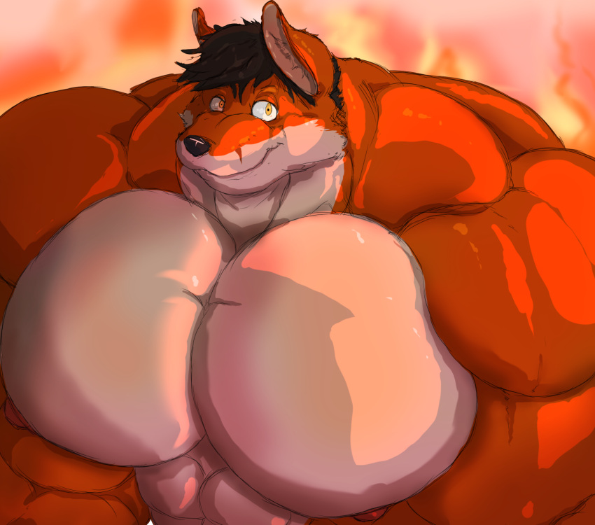 2020 anthro big_muscles big_pecs black_hair canid canine fire fox hair hi_res huge_muscles huge_pecs hyper hyper_muscles hyper_pecs looking_at_viewer male mammal muscular nipples nude panscolipede pecs red_nipples short_hair smile solo