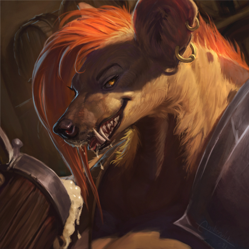 1:1 alcohol anthro armor beer beverage breasts brown_body brown_fur cup drinking ear_piercing ear_ring emberwick eyelashes fangs female fur gnoll grin hair hi_res hyaenid looking_at_viewer mammal muscular muscular_female orange_hair piercing sharp_teeth smile solo tavern teeth