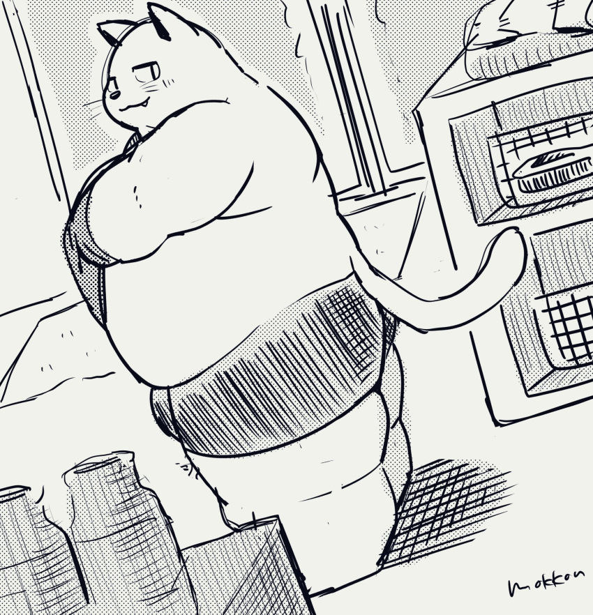 2021 anthro belly blush clothing domestic_cat dressing felid feline felis hi_res inside kemono male mammal overweight overweight_male sketch solo underwear uokkom