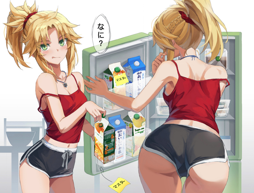 1girl ass back bare_shoulders blonde_hair braid breasts camisole carton collarbone commentary dolphin_shorts fate/apocrypha fate_(series) french_braid green_eyes grey_shorts hair_ornament hair_scrunchie jewelry licking_lips long_hair looking_at_viewer mordred_(fate) mordred_(fate)_(all) multiple_views navel necklace ponytail red_camisole refrigerator scrunchie short_shorts shorts sidelocks small_breasts tonee tongue tongue_out translated