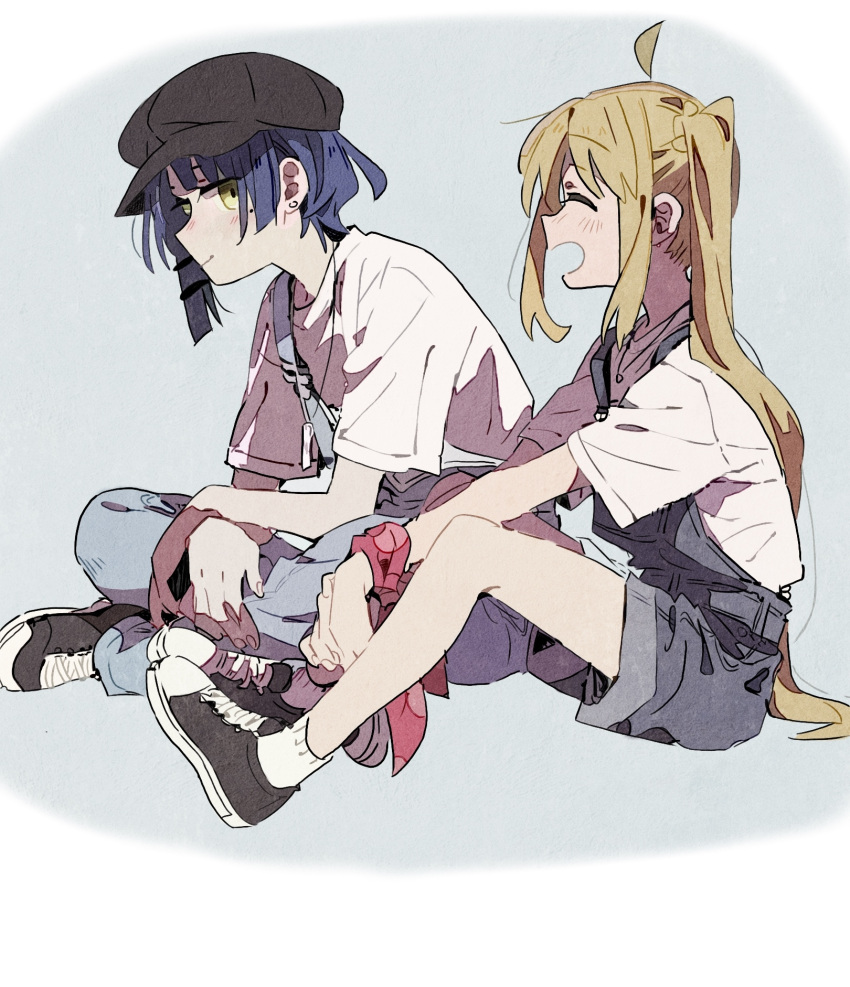2girls ^_^ ahoge alternate_costume bare_arms black_footwear black_hat black_ribbon blonde_hair blue_background blue_hair blue_overalls blue_shorts bocchi_the_rock! border cabbie_hat casual chinese_commentary closed_eyes closed_mouth commentary_request cross-laced_footwear crossed_ankles denim denim_shorts derivative_work full_body hair_ribbon hair_spread_out hands_on_lap happy hat hezhezhijiyu highres ijichi_nijika light_blush long_hair looking_at_another mole mole_under_eye multiple_girls open_mouth overalls own_hands_together parody_request pointy_nose polka_dot polka_dot_wristband ponytail_with_braided_base procreate_(medium) red_wristband ribbon shirt shoes short_hair_with_long_locks short_sleeves shorts side_ponytail single_sidelock single_strap sitting smile sneakers socks t-shirt tress_ribbon very_long_hair white_border white_shirt white_socks yamada_ryo yellow_eyes