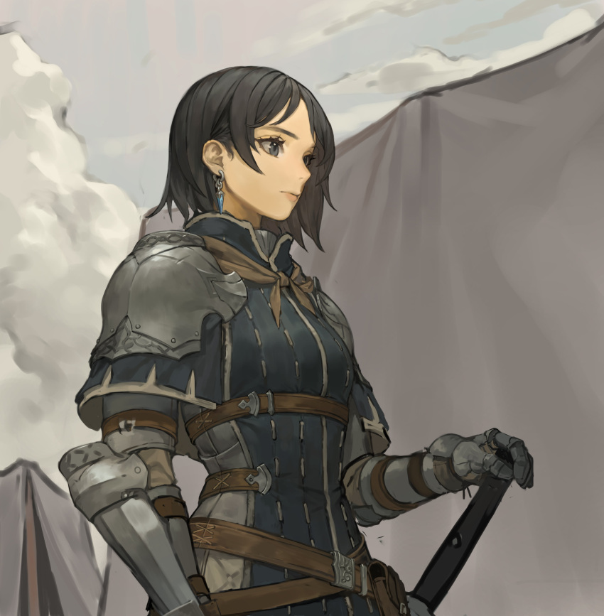 1girl absurdres armor belt belt_pouch black_hair closed_mouth cloud controlline3 earrings gauntlets grey_eyes hand_on_hilt hand_on_weapon highres jewelry knight original outdoors pauldrons pouch scratches short_hair shoulder_armor single_earring smoke solo sword tent vambraces weapon