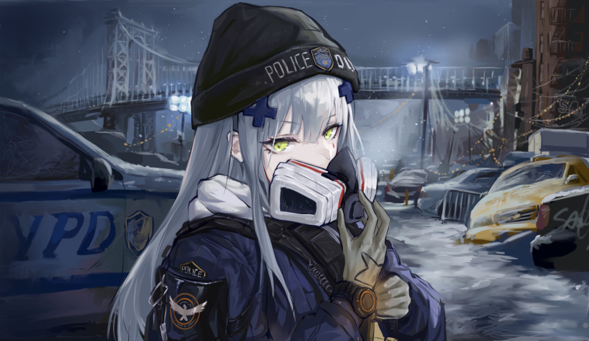 anthropomorphism building city girls_frontline gloves gray_hair green_eyes hat hk416_(girls_frontline) long_hair mask sawkm1 snow