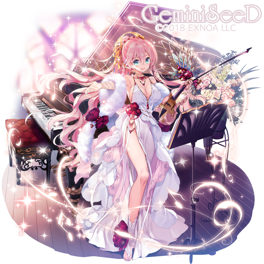 1girl bare_shoulders blue_eyes breasts cleavage dress flower_ornament gemini_seed highres instrument jewelry large_breasts logo long_hair looking_at_viewer necklace outstretched_hand pink_hair ponytail satsuki_misuzu smile solo standing very_long_hair violin