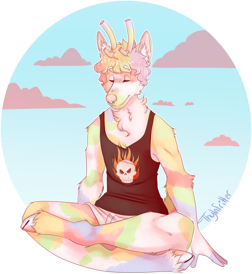 2019 absurd_res alpha_channel anthro antlers bottomwear candy cervid cervine chilling clothed clothing cloud cotton_candy dessert digital_drawing_(artwork) digital_media_(artwork) eyes_closed food full-length_portrait fur hair hi_res hooves horn knees_together legwear male mammal meditation multicolored_hair piercing portrait rainbow rainbow_hair shirt simple_background sitting smile solo stretching tank_top thylafritter topwear underwear yoga