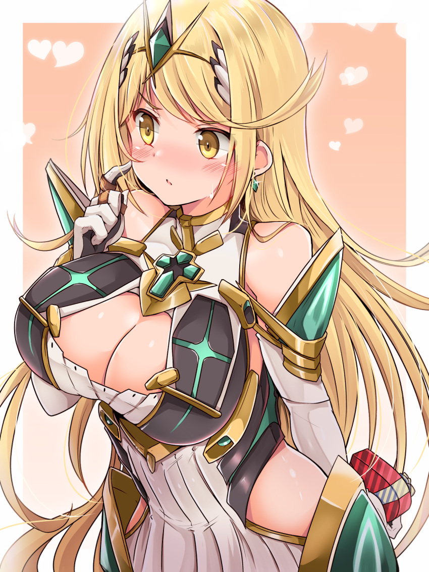 1girl blonde_hair blush breasts cleavage cleavage_cutout clothing_cutout elbow_gloves gloves highres kurokaze_no_sora large_breasts long_hair mythra_(xenoblade) solo valentine xenoblade_chronicles_(series) xenoblade_chronicles_2 yellow_eyes