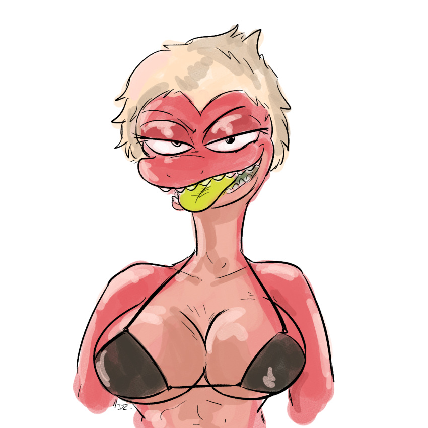 1:1 amphibia_(series) amphibian anthro bra breasts cleavage clothed clothing disney duo female hair hi_res newt salamander_(amphibian) simple_background thedarkzircon tongue tongue_out topwear underwear white_background yunnan