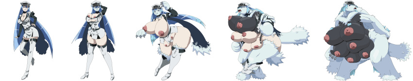absurd_res akame_ga_kill! alpha_channel anthro beartic big_breasts black_breasts blue_hair breast_expansion breasts clothing esdeath_(akame_ga_kill!) expansion female fur genitals hair hi_res long_hair long_image mammal mankor multi_breast nintendo nude pok&eacute;mon pok&eacute;mon_(species) polar_bear pussy simple_background solo torn_clothing transformation transformation_sequence transparent_background ursid ursine video_games weight_gain wide_image