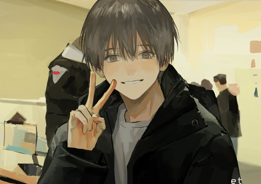 1boy 4others black_jacket blush brown_hair et_atr3 eyebrows_visible_through_hair hair_between_eyes highres indoors jacket light_blush male_focus multiple_others original parted_lips signature sketch sleeves_past_wrists smile solo_focus teeth upper_body v