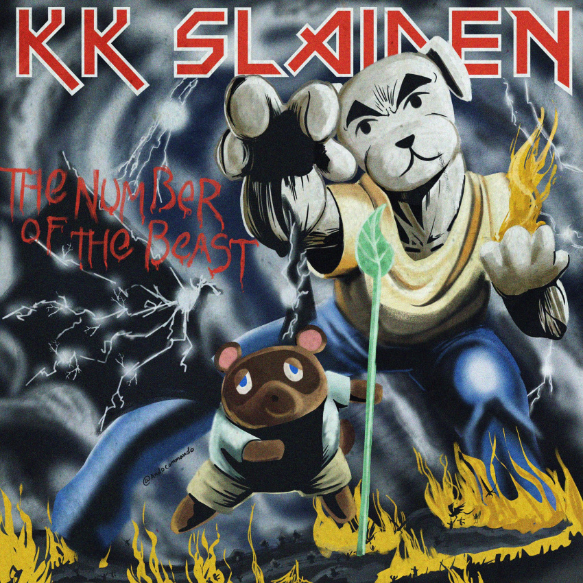 1:1 2020 4_fingers album_cover andocommando animal_crossing anthro blue_eyes canid canine canis clothed clothing cover domestic_dog duo eddie_(iron_maiden) english_text fingers fire hi_res iron_maiden_(band) k.k._slider k.k._slider_album_redraw leaf lightning male mammal meme nintendo parody raccoon_dog shirt staff t-shirt tanuki text the_number_of_the_beast tom_nook_(animal_crossing) topwear video_games