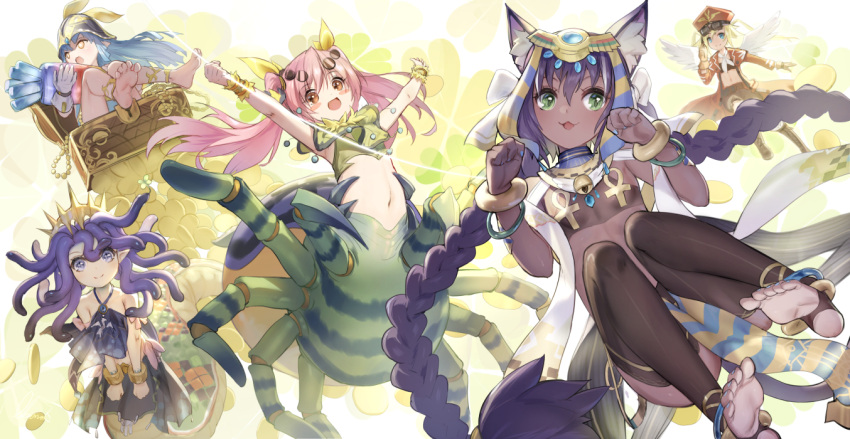 5girls :3 :d angel_wings animal_ear_fluff ankh arachne arms_up barefoot black_hair black_legwear blonde_hair blue_eyes blue_hair blush_stickers braid brown_eyes chinese_commentary clover_theater commentary_request dark_skin dark_skinned_female green_eyes insect_girl lamia long_hair looking_at_viewer monster_girl multiple_girls navel observerz open_mouth outstretched_arms paw_pose pink_hair purple_hair smile snake_hair spider_girl stirrup_legwear thighhighs toeless_legwear treasure_chest twin_braids twintails very_long_hair wings