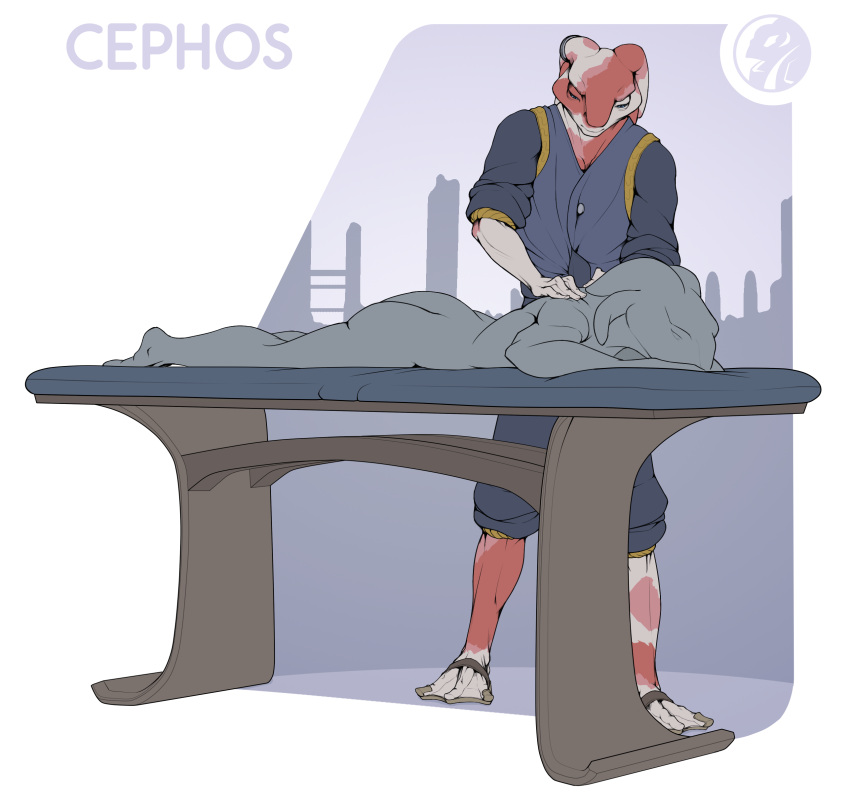 absurd_res ambiguous_gender amphibian anthro cephos_(legion_beast) city city_background clothed_male duo hi_res male massage massage_table multicolored_body petresko seyloid working