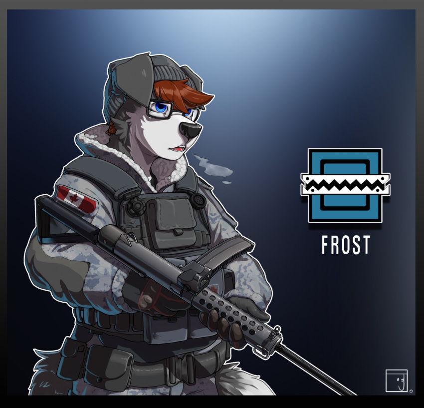 anthro blue_eyes border_collie breath canada_flag canid canine canis collie domestic_dog eyewear frost_(rainbow_six) glasses gun hair herding_dog hi_res janjin192 jaxxy_fur male mammal military_clothing mk1_smg pastoral_dog rainbow_six:_siege ranged_weapon red_hair sheepdog solo weapon