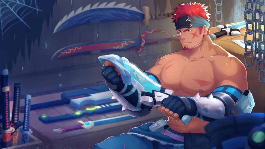 1boy abs bara bare_pecs bare_shoulders dagger dark_skin dark_skinned_male denim facial_hair full_body goatee green_eyes gyee headband highres holding holding_dagger holding_weapon jeans large_pectorals male_focus muscular muscular_male musso_(gyee) nipples official_art pants red_hair scar scar_on_cheek scar_on_chest scar_on_face shirtless short_hair sitting solo spiked_hair stomach weapon zifuuuun