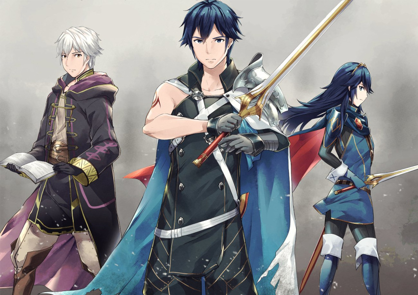 1girl 2boys ameno_(a_meno0) blue_eyes blue_hair book cape chrom_(fire_emblem) falchion_(fire_emblem) fire_emblem fire_emblem_awakening frown gloves long_hair looking_at_viewer lucina_(fire_emblem) multiple_boys muscular muscular_male robin_(fire_emblem) robin_(fire_emblem)_(male) short_hair silver_hair sword tiara weapon yellow_eyes