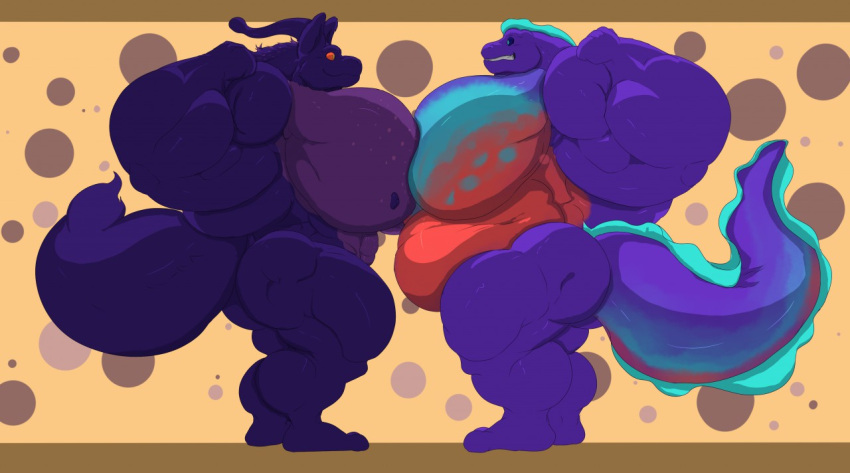 2019 abstract_background anthro belly big_belly big_muscles big_pecs duo eel fish flexing full-length_portrait grin huge_muscles huge_pecs hybrid hyper hyper_belly hyper_muscles hyper_pecs jay_the_eel looking_at_another male marine monster multicolored_body musclegut muscular nipples nude panscolipede pecs plantigrade portrait purple_body purple_nipples side_view smile standing