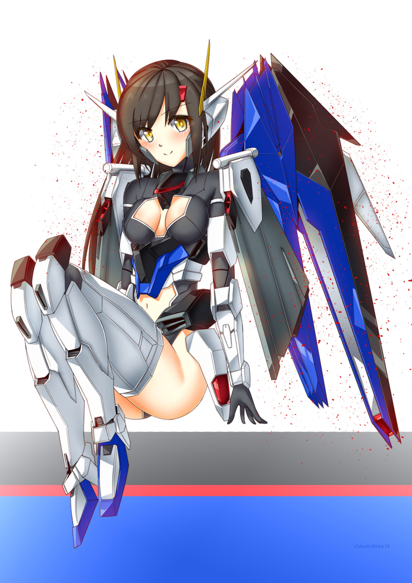 1girl bangs black_gloves black_hair blush boots breasts cleavage cleavage_cutout clothing_cutout eyebrows_visible_through_hair freedom_gundam gloves gundam gundam_seed highres i.takashi looking_at_viewer making-of_available mecha_musume mechanical_wings midriff_cutout navel open_hand personification sitting smile solo thigh_boots thighhighs wings yellow_eyes
