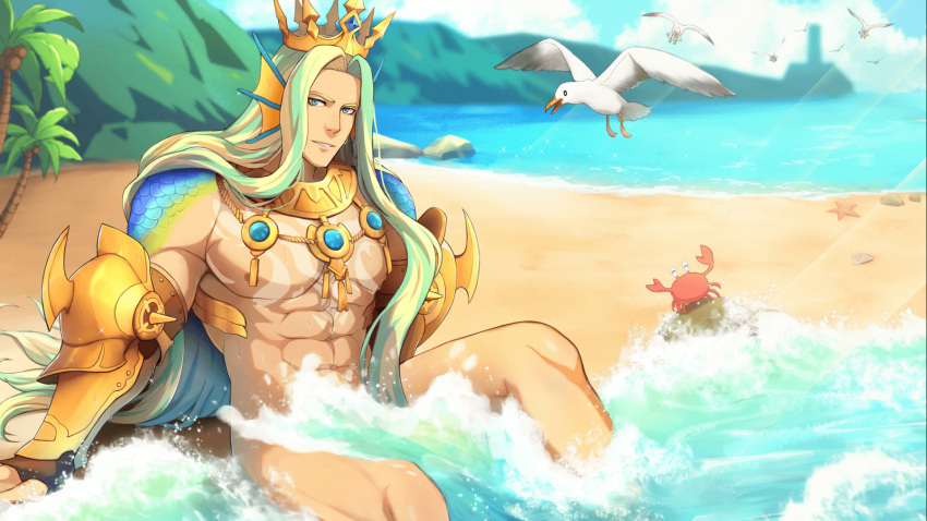 1boy abs bara bare_pecs beach blonde_hair convenient_censoring crown fins fish_tail gauntlets green_hair gyee head_fins highres jewelry large_pectorals long_hair looking_at_viewer male_focus merman monster_boy multicolored_hair muscular muscular_male navel necklace nipples official_art sitting solo stomach tail thighs triton_(gyee) two-tone_hair water wet zifuuuun