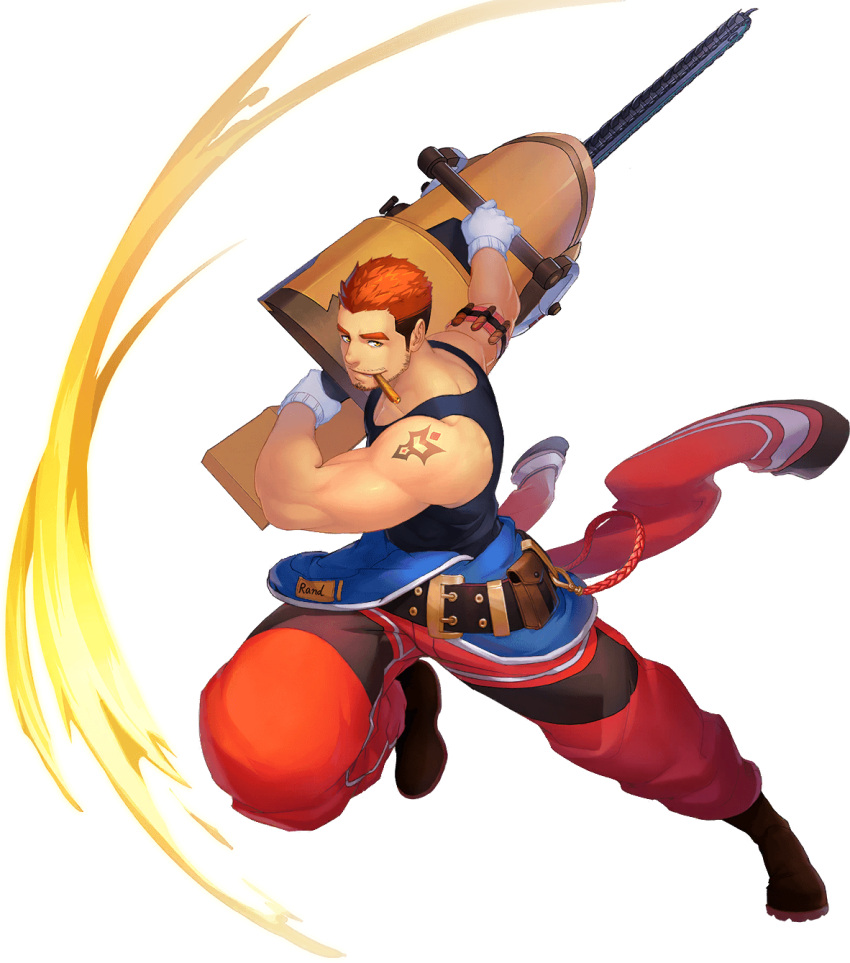 1boy abs action bara bare_arms bare_shoulders beard black_tank_top blue_eyes brown_hair cigar facial_hair fighting_stance gyee highres holding holding_weapon huge_weapon large_pectorals looking_at_viewer male_focus manly mature_male multicolored_hair muscular muscular_male navel nipples official_art orange_hair rand_(gyee) short_hair shoulder_tattoo sidepec smile solo stomach stubble tank_top tattoo thick_thighs thighs two-tone_hair undercut weapon weapon_request
