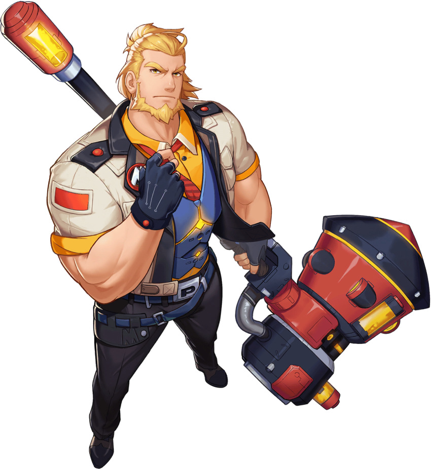 1boy artist_request bara beard blonde_hair bulge facial_hair formal gyee highres holding holding_weapon huge_weapon jacket male_focus mallet medium_hair muscular muscular_male official_art open_clothes open_jacket pectorals peter_(gyee) solo tied_hair weapon