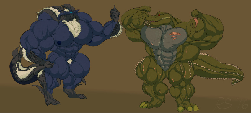 2016 3_toes 5_fingers anthro anthrofied big_muscles big_pecs blue_body blue_eyes blue_fur blue_nipples body_hair brown_background capcom chest_hair digitigrade duo fanged_wyvern featureless_crotch feet fingers flexing full-length_portrait fur hi_res horn huge_muscles hyper hyper_muscles looking_at_another monster_hunter muscular nipples nude panscolipede pecs portrait red_eyes savage_deviljho scar sharp_teeth simple_background smile solo standing stygian_zinogre teeth toes veiny_muscles video_games zinogre