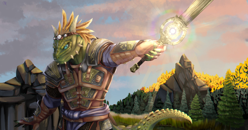 anonymous_artist anthro argonian armor bethesda_softworks blue_eyes clothed clothing detailed_background dovahkiin feather_hair feathers green_body green_scales hi_res jewelry magic_weapon male melee_weapon mountain outside pseudo_hair scales scalie skyrim solo sword the_elder_scrolls video_games weapon