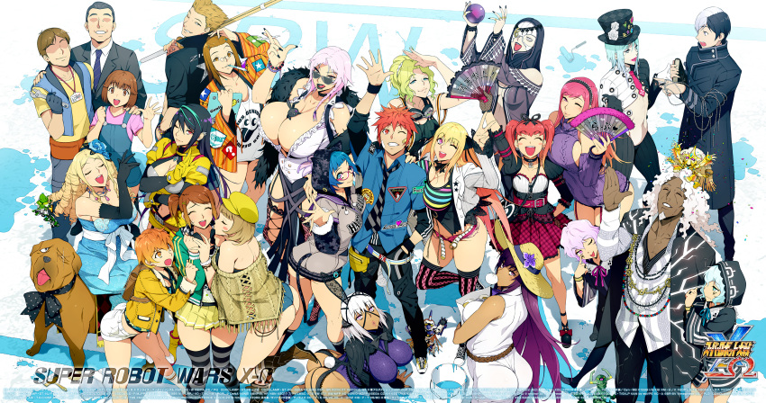 6+boys 6+girls :o ^_^ absurdres all_fours amanomiya_ayame arm_on_shoulder ass bangs bertha_bernstein black_lips blonde_hair blue_hair blue_neckwear blue_shirt breasts brown_hair character_request cleavage clenched_hand closed_eyes collared_shirt copyright_name dark_skin dark_skinned_male dog dorte_driessen drill_hair elmel_erkin everyone faceless faceless_male fan floria_frank formal glasses green_eyes gunila_groener hand_in_pocket highres holding holding_fan huge_breasts huge_filesize inui_asahi inui_honoka kun_in'ye leaning_forward long_hair looking_up midriff milleu_just multicolored_hair multiple_boys multiple_girls navel necktie negative_space official_art olive_oppert one_eye_closed open_mouth orange_hair pink_hair purple_hair red_hair shirt shizuki_shizukawa side_ponytail streaked_hair suit sunglasses super_robot_wars super_robot_wars_x-omega sword textless twintails v wallpaper watanabe_wataru_(character_designer) waving weapon wooden_sword yellow_eyes ziggy_star