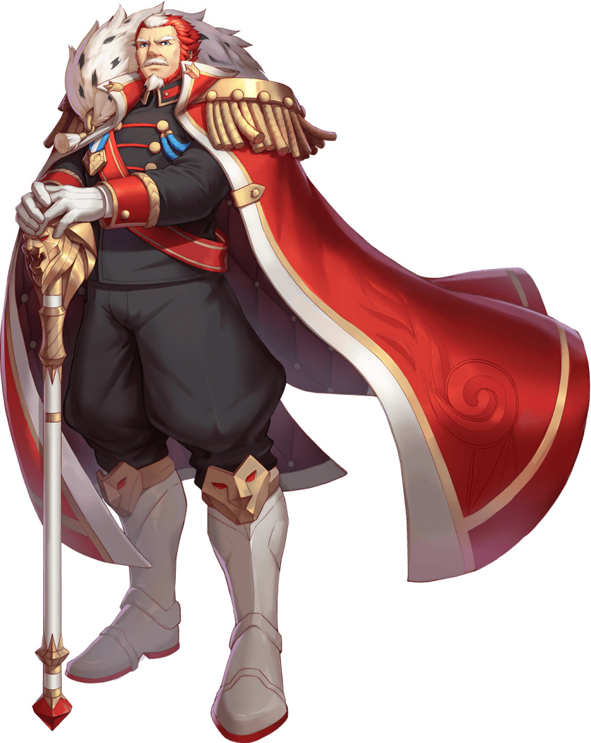 1boy artist_request bara beard cape epaulettes facial_hair feather_boa full_body gyee highres male_focus military military_uniform multicolored_hair muscular muscular_male mustache official_art old old_man planted_weapon red_cape red_hair short_hair solo streaked_hair uniform weapon white_hair will_(gyee)