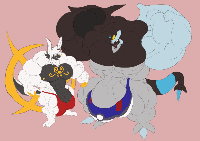 2015 3_toes akekyu anthro anthrofied arceus balls big_balls big_muscles big_pecs big_penis black_penis clothed clothing duo feet flexing genitals grey_penis grin hi_res huge_balls huge_muscles huge_penis hyper hyper_balls hyper_genitalia hyper_muscles hyper_penis kyurem legendary_pok&eacute;mon looking_at_another male muscular nintendo nipples open_mouth panscolipede pecs penis pink_background plantigrade pok&eacute;mon pok&eacute;mon_(species) pok&eacute;morph simple_background size_difference smile standing toes underwear underwear_only vein veiny_penis video_games wings yellow_nipples