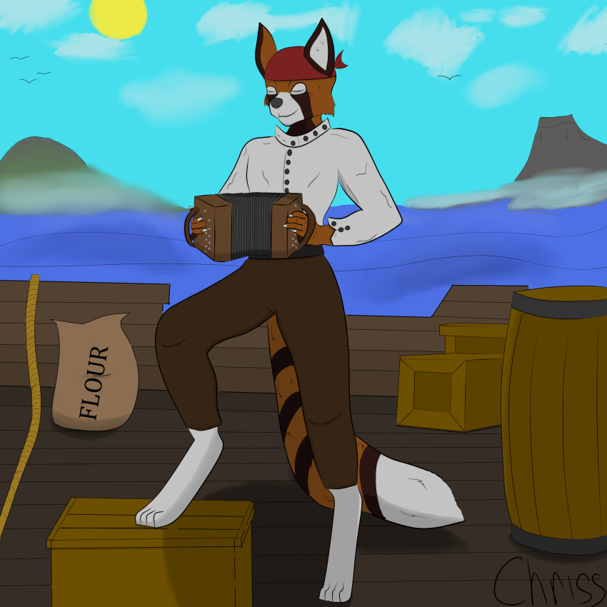 1:1 absurd_res ailurid amadeus_redfur_(character) anthro blouse chriss_(artist) clothing colored concertina day eyes_closed fluffy fluffy_tail hi_res holding_object male mammal pirate red_panda scenery sea shadow ship solo standing standing_on_object topwear vehicle water watercraft