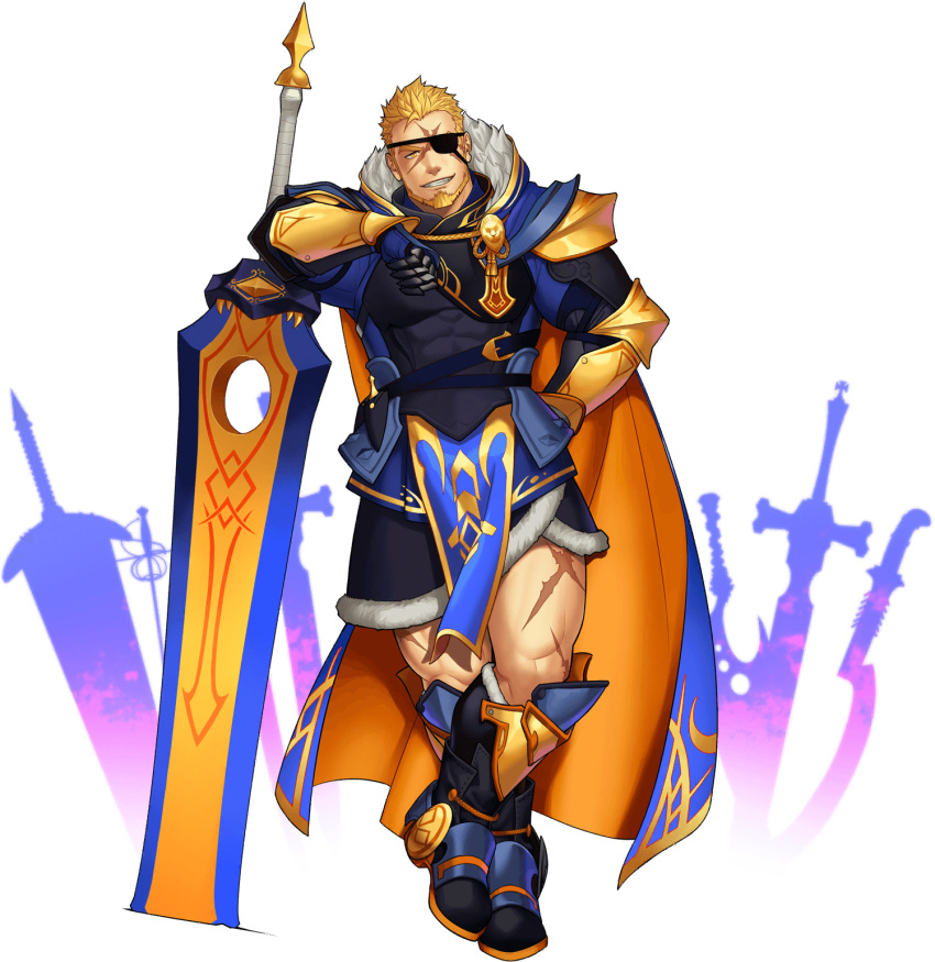 1boy abs armor bara bare_pecs beard blonde_hair breastplate bulge cape eyepatch facial_hair full_body fur-trimmed_cape fur_trim gauntlets gyee highres huge_weapon itto_(mentaiko) large_pectorals male_focus markus_(gyee) mature_male muscular muscular_male navel nipples official_art pelvic_curtain planted_sword planted_weapon scar scar_on_cheek scar_on_face scar_on_forehead scar_on_leg short_hair solo spiked_hair stomach sword thick_thighs thighs weapon yellow_eyes