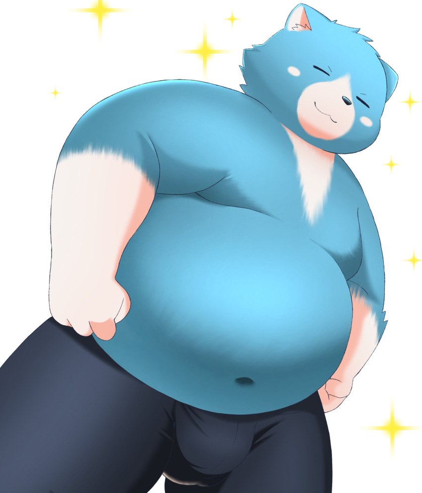 2021 anthro belly blue_body blue_fur bottomwear bulge clothing eyes_closed fur hi_res humanoid_hands kemono male mammal moosh navel nintendo oracle_of_ages oracle_of_seasons overweight overweight_male pants simple_background solo the_legend_of_zelda trail_arnak ursid video_games white_background white_body white_fur