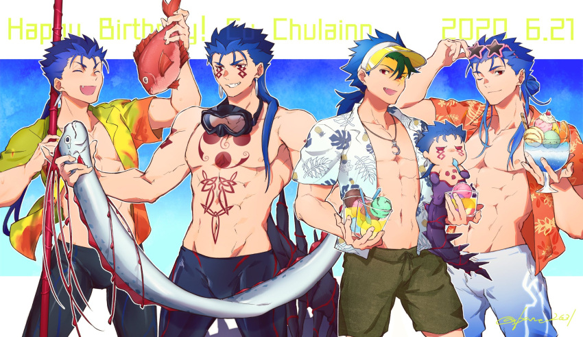 4boys abs alternate_costume alternate_hairstyle bike_shorts blue_hair bodypaint bulge character_name chibi closed_mouth collared_shirt contemporary crescent_necklace cu_chulainn_(fate)_(all) cu_chulainn_(fate/grand_order) cu_chulainn_(fate/prototype) cu_chulainn_alter_(fate/grand_order) cup dark_persona dated earrings eating eyewear_on_head facepaint fang fate/grand_order fate/prototype fate/stay_night fate_(series) fish food gae_bolg_(fate) goggles goggles_around_neck grin groin hair_bun happy_birthday hawaiian_shirt highres holding holding_cup holding_polearm holding_weapon ice_cream jewelry lancer long_hair looking_at_viewer male_swimwear mini_cu-chan_(fate) multiple_boys muscular navel nipples oarfish one_eye_closed open_clothes open_mouth open_shirt pectorals polearm ponytail red_eyes red_snapper shirt shirtless short_sleeves skin_tight smile spiked_hair spikes swim_trunks swimwear tail twitter_username visor_cap weapon yukota_2631