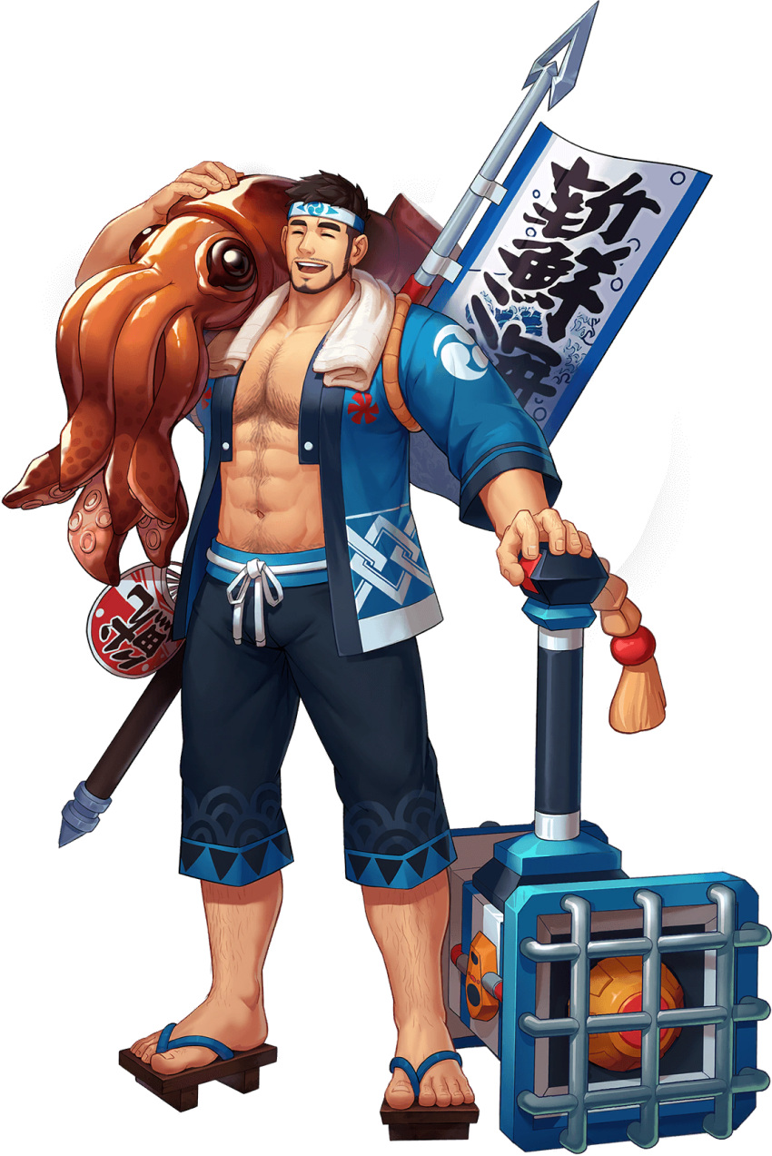 1boy abs animal artist_request banner bara bare_pecs beard black_hair black_shorts bulge chest_hair closed_eyes facial_hair full_body gyee happi headband highres japanese_clothes kimono large_pectorals leg_hair male_focus mallet mature_male muscular muscular_male navel navel_hair official_alternate_costume official_art open_clothes open_kimono oversized_animal planted_weapon short_hair short_kimono shorts sig_(gyee) smile solo squid stomach towel towel_around_neck weapon