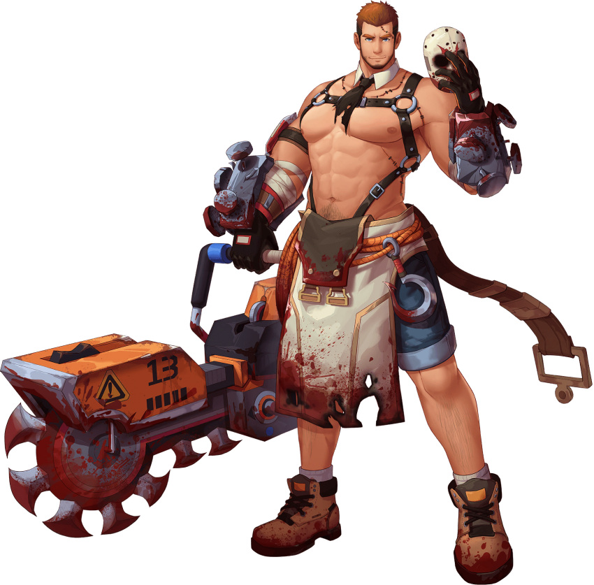 1boy abs alternate_pectoral_size artist_request bara bare_pecs bare_shoulders beard blood bloody_clothes bloody_weapon blue_eyes brown_hair chest_harness cosplay_request denim denim_shorts facial_hair gyee halloween halloween_costume harness highres holding holding_mask holding_weapon large_pectorals leg_hair looking_at_viewer male_focus manly mask mask_removed mature_male multicolored_hair muscular muscular_male navel nipples official_alternate_costume official_art orange_hair pelvic_curtain rand_(gyee) saw short_hair shorts smile solo stomach stubble tank_top two-tone_hair undercut weapon weapon_request white_tank_top