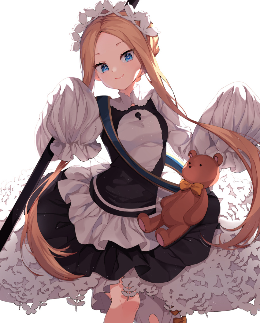 1girl abigail_williams_(fate) bangs black_skirt blonde_hair blue_eyes blush breasts decora_(decopining) dress fate/grand_order fate_(series) forehead heroic_spirit_festival_outfit highres long_hair long_sleeves looking_at_viewer maid octopus parted_bangs sidelocks skirt small_breasts smile stuffed_animal stuffed_toy teddy_bear white_dress