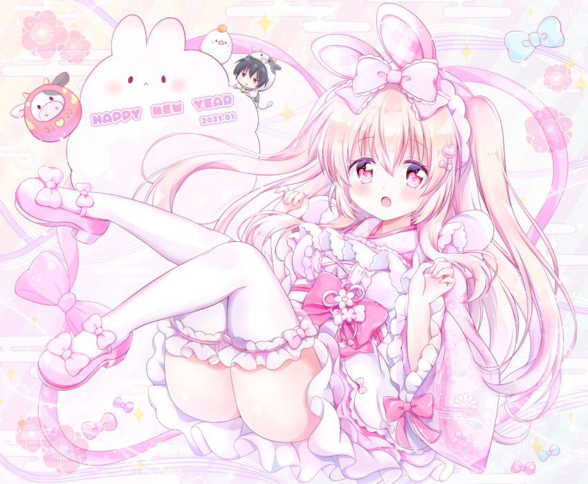 1boy 1girl :o animal_costume animal_ears blonde_hair bow bunny_ears chibi chiika_(cure_cherish) cow_costume dress english_text frilled_legwear hair_ribbon happy_new_year lace lace-trimmed_ribbon lace_trim mary_janes new_year open_mouth original pink_bow pink_eyes pink_footwear pink_ribbon pink_theme ribbon shoes socks thighhighs thighs white_legwear