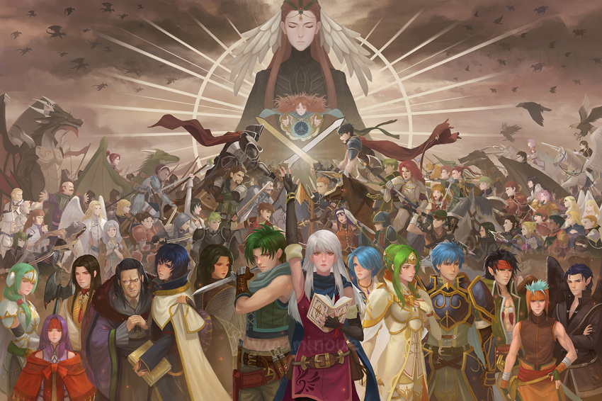 6+boys 6+girls almedha aran_(fire_emblem) arm_up armor artist_name ashera_(fire_emblem) axe bangs bare_shoulders bastian_(fire_emblem) battle bird black_hair black_knight_(fire_emblem) blue_hair blue_scarf book boyd_(fire_emblem) breastplate brom_(fire_emblem) brown_hair calill_(fire_emblem) cape closed_eyes crossed_swords devdan_(fire_emblem) dragon edward_(fire_emblem) elbow_gloves elincia_ridell_crimea everyone fingerless_gloves fiona_(fire_emblem) fire_emblem fire_emblem:_radiant_dawn full_armor gatrie_(fire_emblem) gauntlets geoffrey_(fire_emblem) gloves green_hair haar_(fire_emblem) heather_(fire_emblem) helmet holding holding_book holding_sword holding_weapon ike_(fire_emblem) ilyana_(fire_emblem) izuka_(fire_emblem) jill_(fire_emblem) kieran_(fire_emblem) kurthnaga_(fire_emblem) laura_(fire_emblem) leanne_(fire_emblem) lekain leonardo_(fire_emblem) lethe_(fire_emblem) long_hair makalov_(fire_emblem) marcia_(fire_emblem) meg_(fire_emblem) mia_(fire_emblem) micaiah_(fire_emblem) mist_(fire_emblem) multiple_boys multiple_girls naesala_(fire_emblem) nailah_(fire_emblem) oliver_(fire_emblem) orange_hair oscar_(fire_emblem) pelleas_(fire_emblem) purple_hair rafiel_(fire_emblem) ranulf_(fire_emblem) red_hair reyson_(fire_emblem) rhys_(fire_emblem) rolf_(fire_emblem) sanaki_kirsch_altina scarf sephiran_(fire_emblem) shinon_(fire_emblem) shoulder_armor sigrun_(fire_emblem) silver_hair soanvalke_(fire_emblem) soren_(fire_emblem) sothe_(fire_emblem) sword tanith_(fire_emblem) tauroneo_(fire_emblem) tibarn_(fire_emblem) titania_(fire_emblem) tormod_(fire_emblem) volke_(fire_emblem) watermark weapon yagaminoue yellow_eyes yune_(fire_emblem) zihark_(fire_emblem)