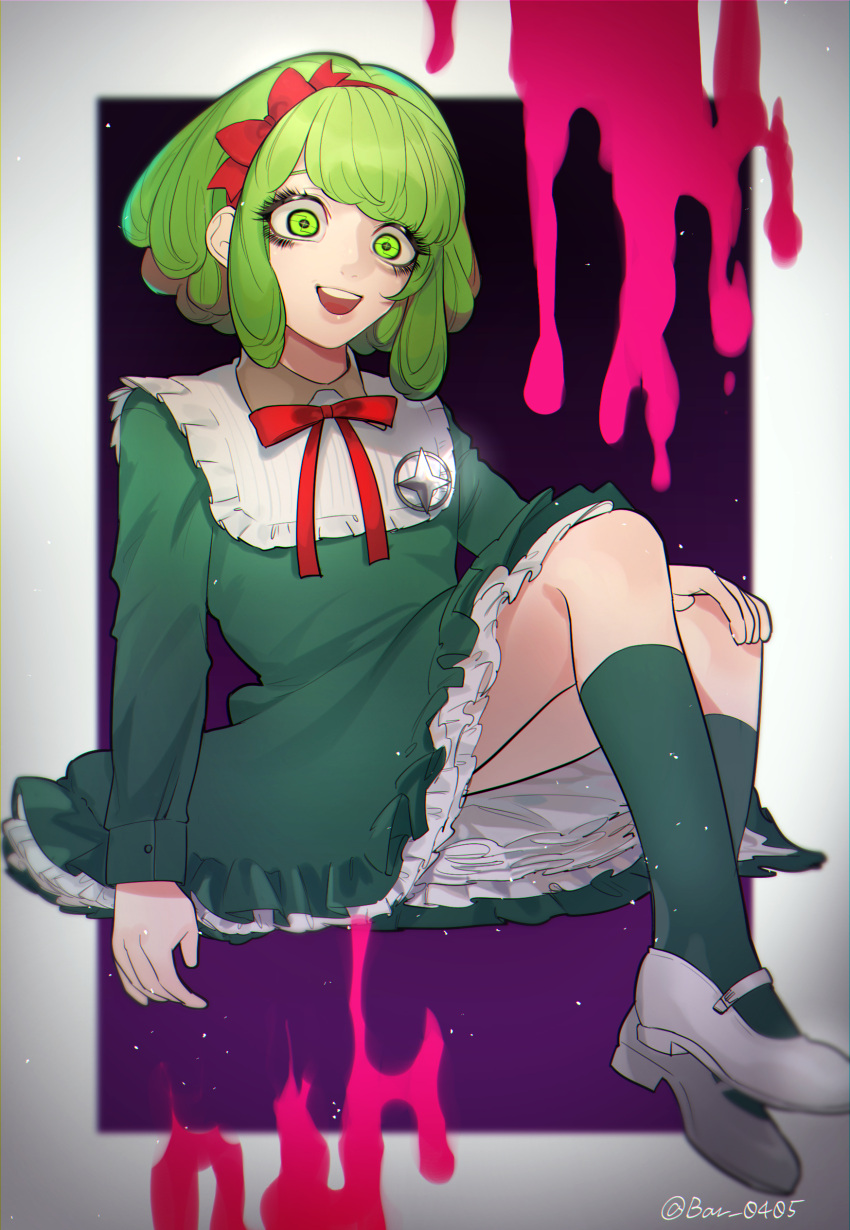 1girl :d absurdres bangs baru_(bar_0405) border bow commentary_request crazy_eyes danganronpa_(series) danganronpa_another_episode:_ultra_despair_girls dress frills green_dress green_eyes green_hair green_legwear hair_bow highres invisible_chair kneehighs long_sleeves looking_at_viewer mary_janes monaka_(danganronpa) multicolored multicolored_background neck_ribbon open_mouth pink_blood purple_background red_bow red_ribbon ribbon shoes short_hair sitting smile solo upper_teeth white_border white_footwear