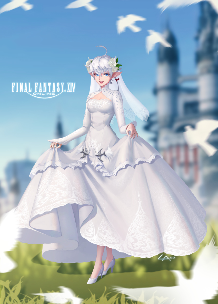 1girl :d absurdres ahoge alisaie_leveilleur bird blue_eyes blurry blurry_background breasts bridal_veil castle cleavage commentary commentary_request dress earrings elezen elf final_fantasy final_fantasy_xiv flower grief hair_flower hair_ornament high_heels highres jewelry logo long_sleeves medium_breasts open_mouth outdoors partial_commentary pointy_ears ponytail skirt_hold smile tight_dress veil wedding_dress white_dress white_footwear white_hair