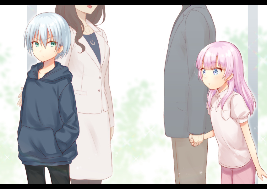 2boys 2girls :o bangs black_hair black_jacket black_pants blue_eyes blue_hoodie blue_shirt brown_pants collared_shirt crescent_necklace eyebrows_visible_through_hair formal green_eyes hair_between_eyes highres holding_hands hood hood_down hoodie jacket kamisama_ni_natta_hi letterboxed long_hair multiple_boys multiple_girls nakamura_hinato pants parted_lips pink_hair pink_pants puffy_short_sleeves puffy_sleeves satou_hina_(kamisama_ni_natta_hi) shirt short_sleeves silver_hair skirt skirt_suit suit suzuki_hiroto white_jacket white_shirt white_skirt