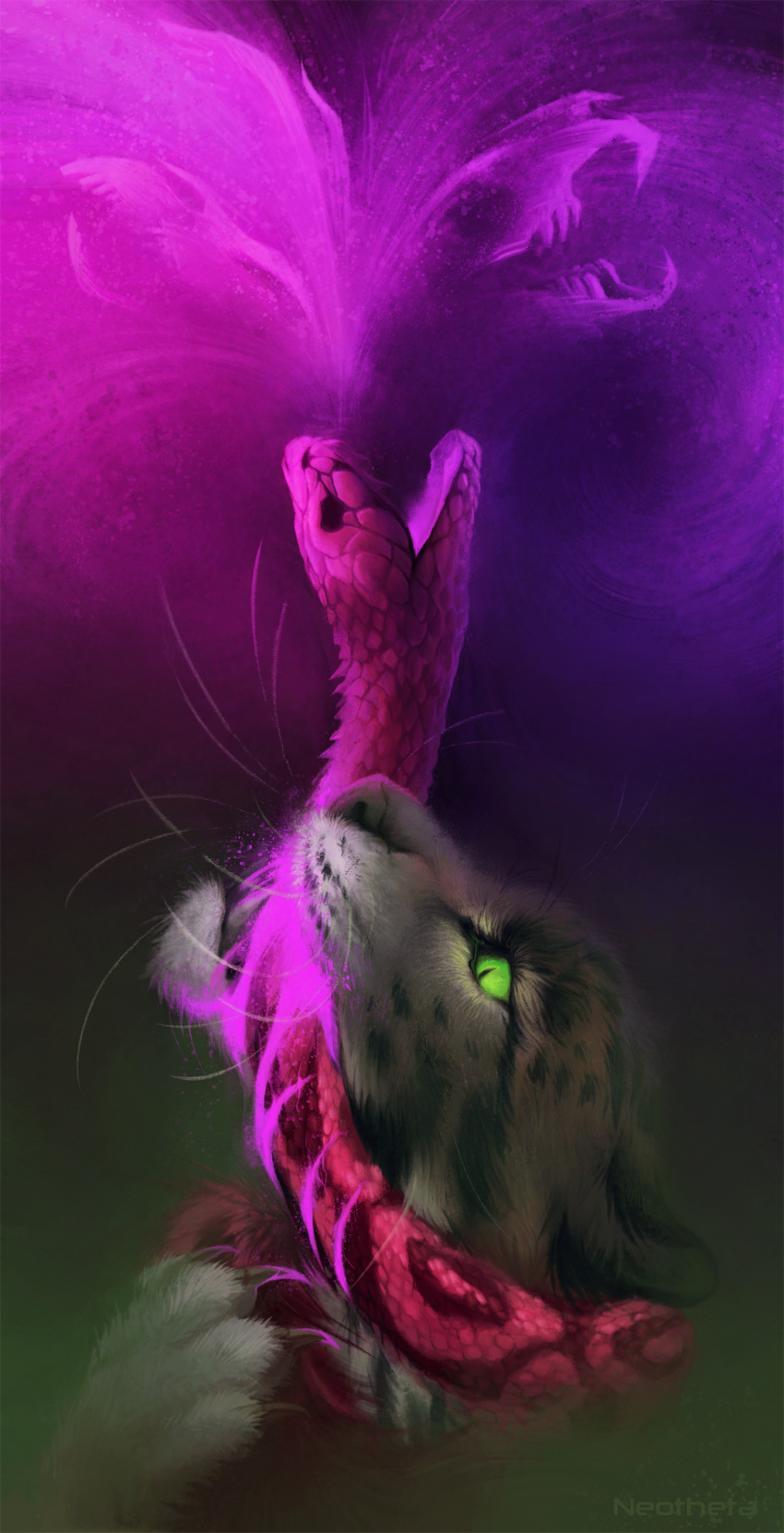 2021 digital_media_(artwork) duo felid feline feral fur green_eyes grey_body grey_fur hi_res mammal neotheta reptile scalie snake