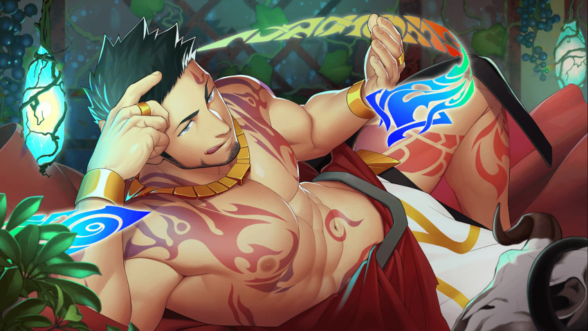 1boy :q abs arm_tattoo bara beard black_hair bulge chest_tattoo facial_hair facial_tattoo greek_clothes green_eyes gyee highres itto_(mentaiko) large_pectorals leg_tattoo looking_at_viewer lying male_focus manly mature_male muscular muscular_male navel nipples official_art on_side priapus priapus_a._tarou red_pupils shirtless short_hair smug solo spiked_hair stomach stomach_tattoo stubble tattoo thick_thighs thighs tongue tongue_out
